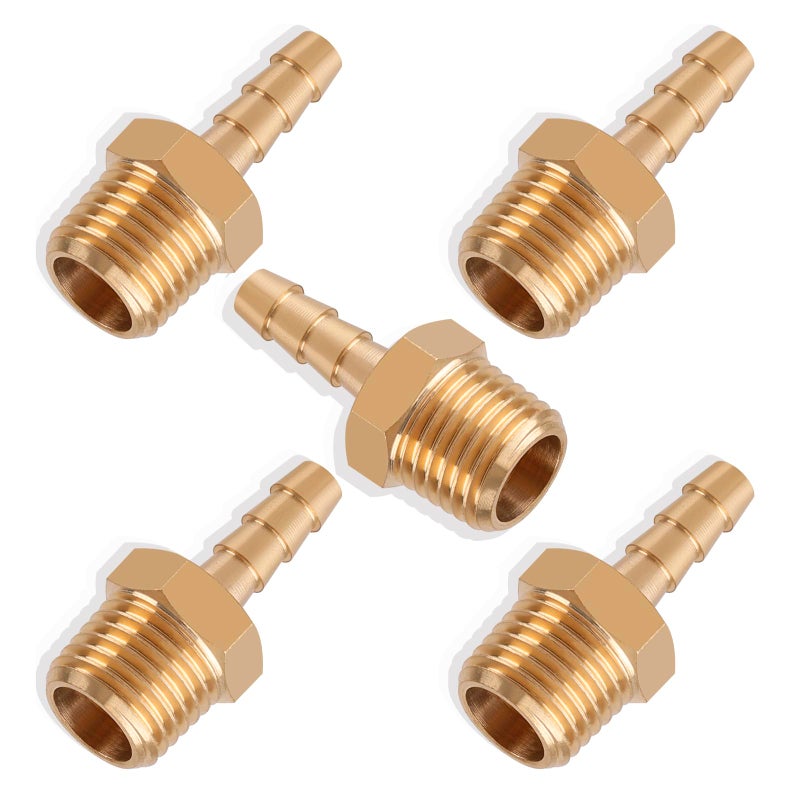 Boeray 5pcs Brass Hose Barb Fittings 3/16 Inch Barb to 1/4 Inch NPT Male Thread Air Hose Fittings Adapter Connector Water Fuel Air Line Fittings 3/16â€ Ã— 1/4â€ NPT Brass Fittings - Image 1